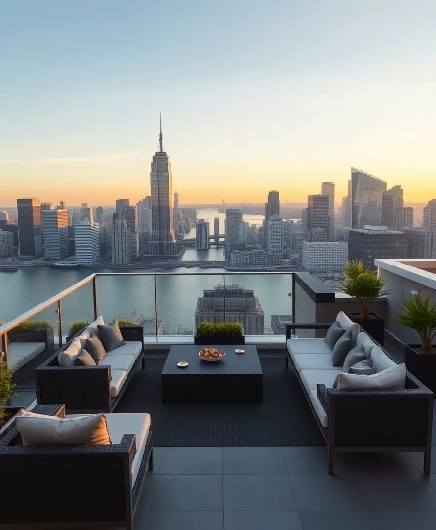 Modern luxury condominium rooftop terrace overlooking the East River.