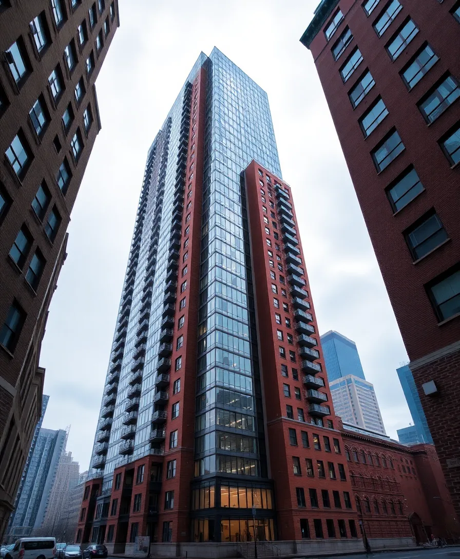 Brick and glass luxury high-rise condominium tower in Williamsburg, Brooklyn.