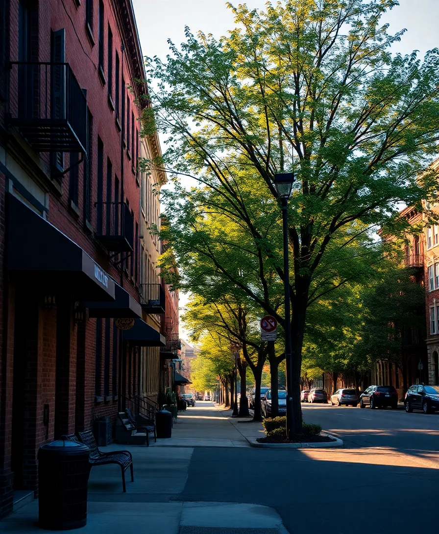 Tree-lined Williamsburg street with low-rise brick buildings in afternoon light.