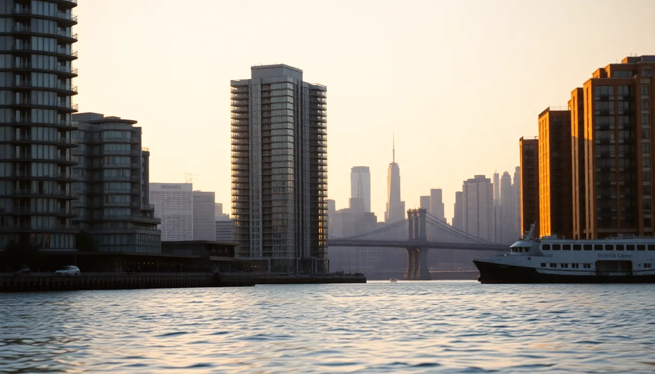 Golden hour on the East River with Williamsburg waterfront condominium towers in the foreground and the lower Manhattan skyline behind.